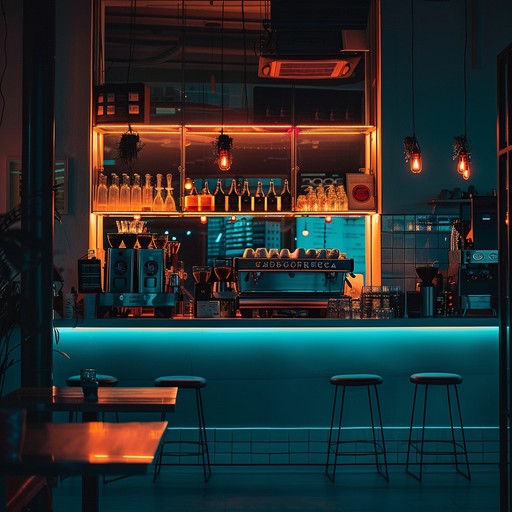 Imagine a cozy coffeehouse on a bustling urban street, dimly lit and filled with a mix of chatter and clinking glasses. Shadows dance under flickering neon signs as anxiety subtly seeps into the serene environment. The soft, repetitive piano melody complements the cultivated unease. Electronic bass hums beneath, melding tension with relaxation.