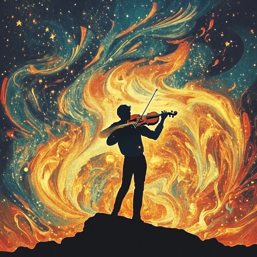 An intense instrumental piece that blends powerful rhythms with ethereal melodies, capturing the essence of a mystical fire ritual under a starlit sky.