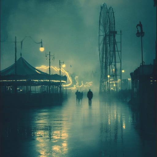 As midnight approaches, eerie shadows dance upon the deserted carnival grounds. The chilling sounds of an accordion echo through the darkness, casting a spell of haunting beauty and bittersweet nostalgia, as if the air is filled with the whispers of long forgotten tales.