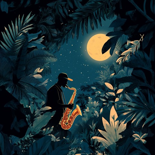 A hypnotic instrumental track featuring smooth saxophone lines and engaging latin jazz rhythms, creating a tranquil and atmospheric ambiance reminiscent of tropical nights under a full moon.