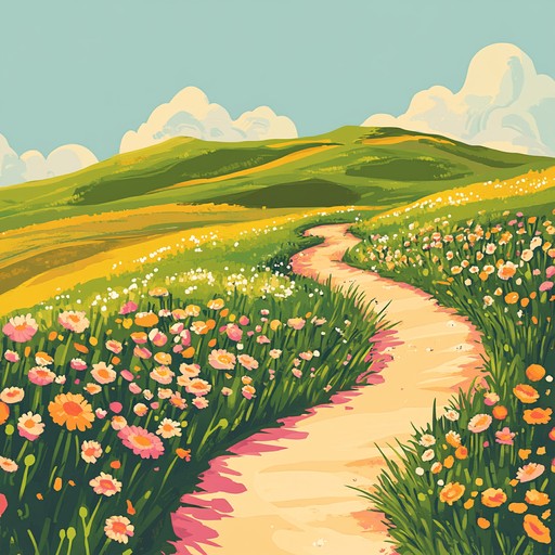 A lively instrumental led by acoustic guitar, designed to capture the carefree spirit of wandering through flower filled fields on a blissful summer day with uplifting and playful tunes.