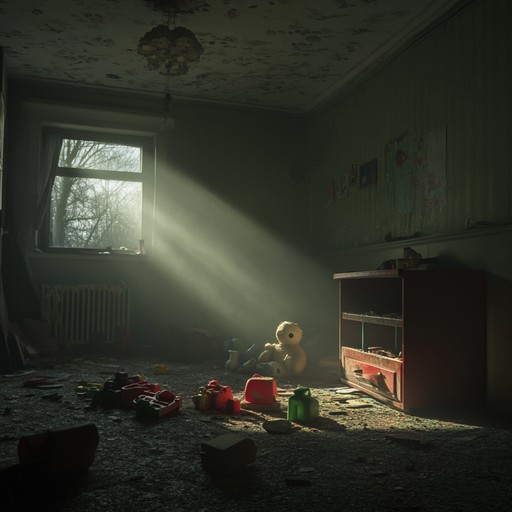 A chilling soundscape featuring toy pianos, music boxes, and eerie whispers creating an unsettling, nostalgic atmosphere that invokes childhood memories turned nightmarish