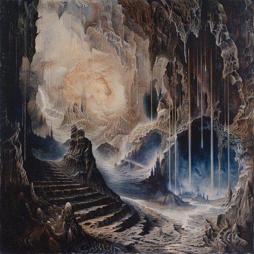 Eerie echoes reverberate through the dark, damp caverns, creating an otherworldly atmosphere. Dripping water and creaking rock formations add to the unsettling ambiance.