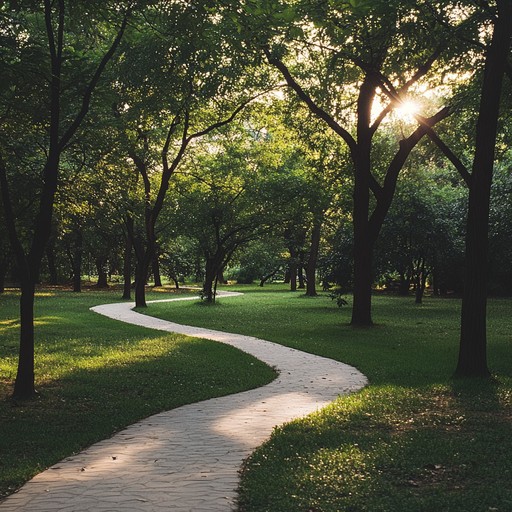 Craft an instrumental piece that captures the soothing essence of a calm afternoon stroll in the park. Utilize gentle guitars and natural ambiance to evoke a serene and relaxing atmosphere.