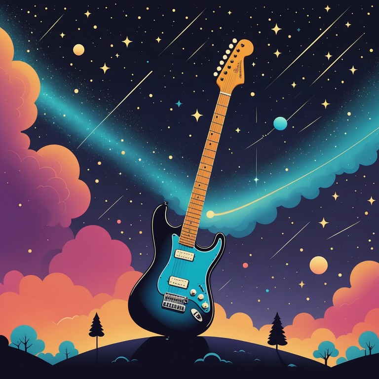 Embark on an auditory voyage with electrifying guitar riffs overlaid with cosmic synth melodies creating a full sensory overload in psychedelic rock style. The music swells to a gripping crescendo, painting a picture of a cosmic journey.