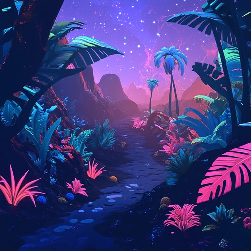 A journey through an extraterrestrial rainforest combining alien synths, tribal rhythms, and cosmic soundscapes to evoke a sense of otherworldly adventure and deep connection with nature