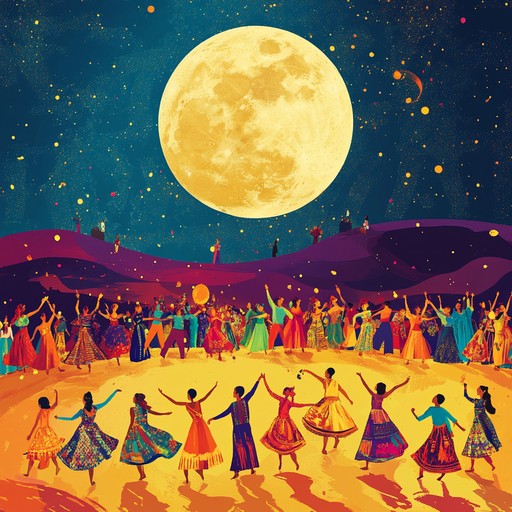 A high energy instrumental track combining african drums, middle eastern strings, and south american flutes, celebrating the unity of diverse cultures under the glow of a midnight moon festival.