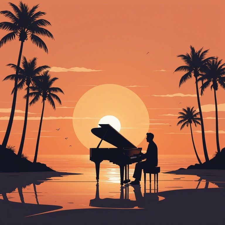 Imagine the soft glow of a sunset over a tranquil latin american beach, where gentle waves sync with soothing latin jazz rhythms, creating perfect harmony and serenity. The piece features an intricate piano playing both melody and accompaniment, capturing the essence of a peaceful evening.