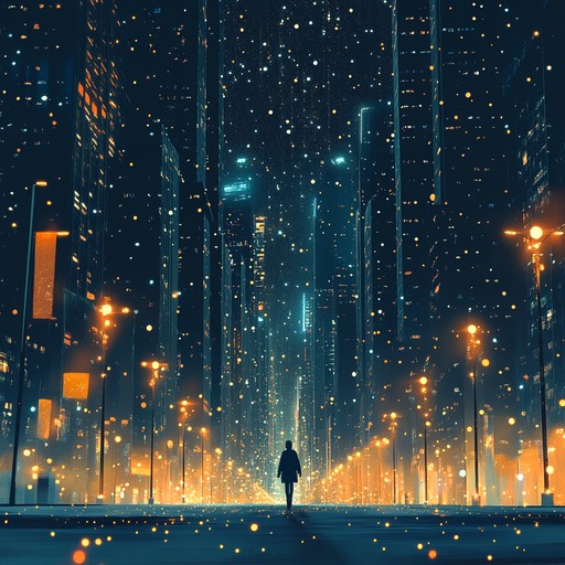 An evocative instrumental piece that blends ambient electronic sounds with subtle acoustic elements, painting a sonic landscape of a lonely wanderer walking through a glittering city at night. The music captures the contrast between the dazzling lights and the deep sense of solitude, using shimmering synthesizers and melancholic melodies to convey feelings of introspection and isolation.