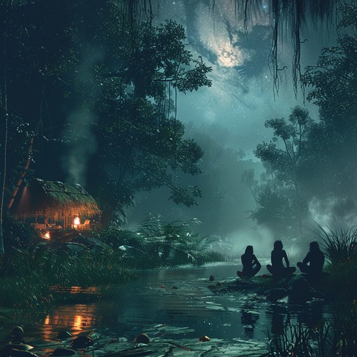 The night comes alive with haunting tribal drums reverberating through an ancient jungle, setting the stage for a suspenseful ritual. The air is thick with mystery as ambient sounds create an unsettling, thrilling atmosphere where the line between the natural and the supernatural blurs.