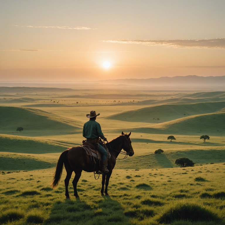 An instrumental evoking the spirit of adventure in the expansive american west. The music paints a picture of a rider crossing vast, open prairies with the sunrise illuminating the path ahead. Harmonica melodies intertwine with the gentle twang of guitars, capturing both the heart's wanderlust and the peaceful solace of wide open spaces.