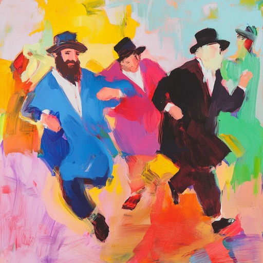 Capture the raw energy of a traditional hasidic dance celebration, focusing on the rhythm and intensity that drives the participants into a state of joyous frenzy. Violin solos create a feverish atmosphere, complemented by fast paced percussion and vibrant clarinet. The song oscillates between wild crescendos and heart pounding beats, immersing listeners in an ancient cultural experience.