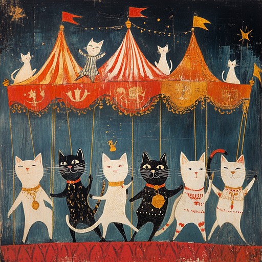 Picture a spectacle where royal felines lead the show with grace and playfulness. This orchestral piece features rich string and brass sections that create an epic atmosphere of fun and excitement, perfect for envisioning daring cat stunts and elegant, joyful performances.