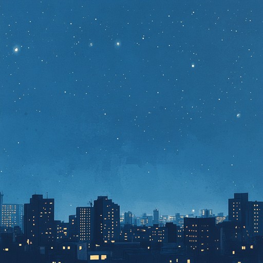 Immerse yourself in the calm rhythms of the city nightscape, with soothing beats and gentle melodies painting an auditory canvas of serene urban environments, under a glowing starlit sky