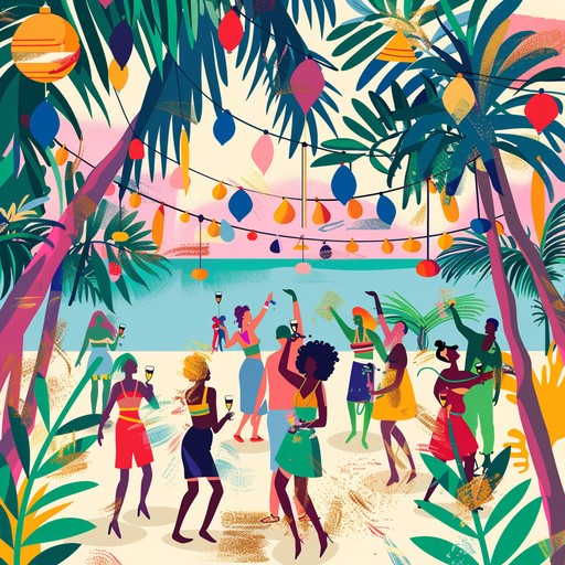 Imagine a lively beach festival at sunset with music that combines energetic beats and soothing melodies, encapsulating the joyful essence of a coastal celebration.