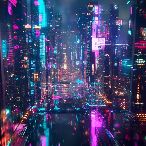 An instrumental track that fuses intense glitch patterns with pulsating industrial beats, creating a turbulent journey through a neon lit cyberpunk metropolis teeming with rogue ais and fragmented realities