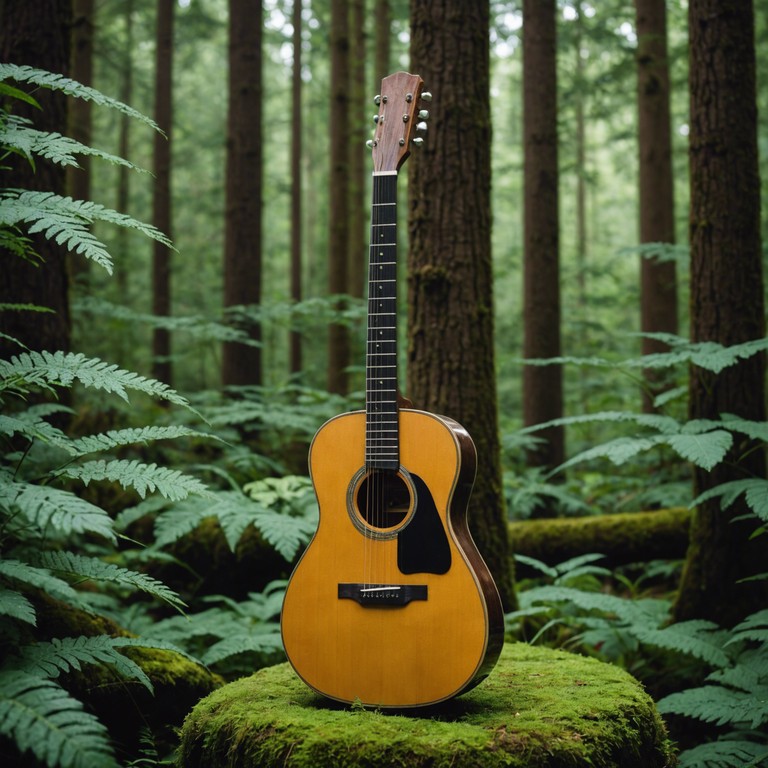 Alternative description: a serene and soft musical journey where the gentle plucking of an acoustic guitar merges with the ambient sounds of wildlife and the rustling of leaves, creating a tapestry of sound that transports the listener to a reflective, nostalgic state within an ancient wooded landscape