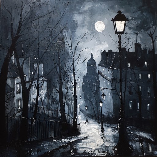 Capture the essence of a late-night jazz scene in the historic montmartre district of paris, where the cool air mixes with the smooth, seductive sounds of a solo saxophone playing under the dimly lit streetlamps.