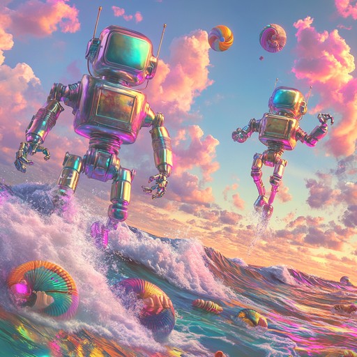 A lively instrumental featuring bright synthesizer melodies and danceable rhythms, painting a scene where robots soak up the sun and dance by the seaside. The track blends playful electronic tones with a catchy beat, creating a fun and uplifting atmosphere that embodies the excitement of a beach party through a futuristic lens.