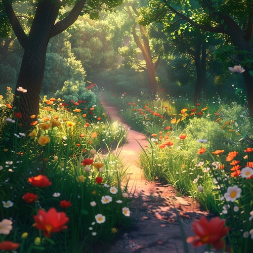 Imagine a tranquil afternoon garden stroll, where each note is a step on a sun dappled path, the gentle melodies mimicking the harmonious whisper of leaves and distant chirping of birds, evoking nostalgic, heartwarming moments