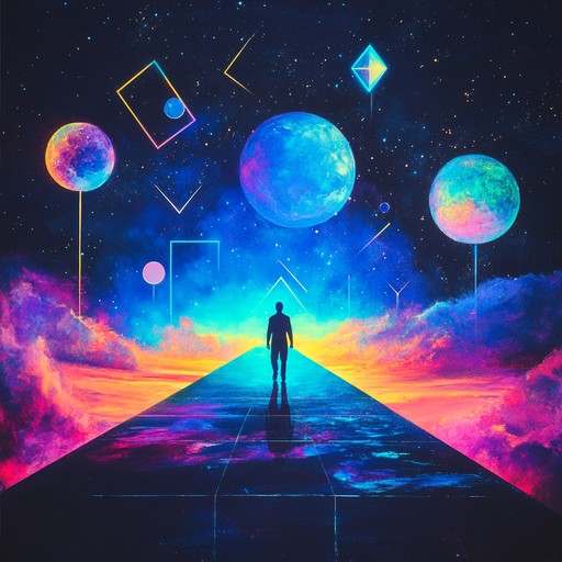 A mesmerizing instrumental piece blending futuristic synths with psychedelic rock guitar riffs, creating an immersive journey through vibrant cosmic landscapes and pulsating rhythmic patterns.