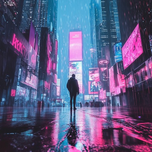 An instrumental track that fuses atmospheric synths with subtle guitar riffs, creating a melancholic and yearning mood set against a cyberpunk futuristic backdrop illuminated by neon lights. The composition takes listeners on a journey through a sprawling metropolis, evoking feelings of longing and searching in an urban landscape.