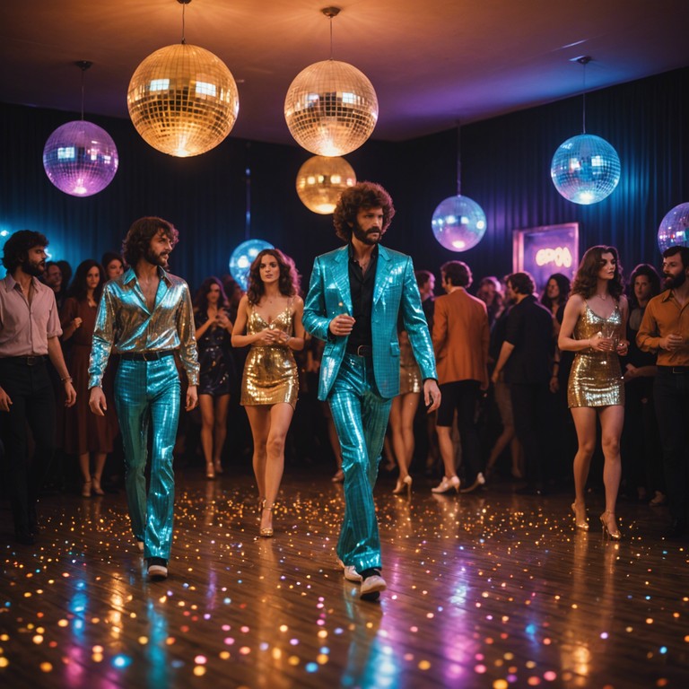 This track fuses energetic rhythms with 70s glam rock influences featuring scintillating synthesizer overlays and catchy hooks. Designed to emulate a dance floor during the peak hours of a glamorous party, it embodies the spirit of retro excitement perfectly.