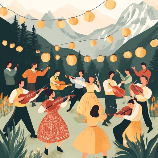 An instrumental folk composition inspired by traditional mountain festivals, featuring lively rhythms, spirited melodies, and evoking the joy of communal celebration and dance in the heart of nature.