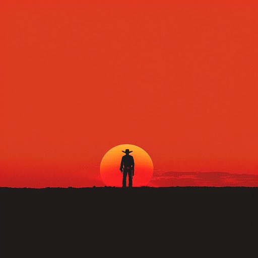 A mesmerizing blend of evocative guitar melodies that captures the essence of a sun setting desert town. The sound of a solo acoustic guitar fills the air, painting a sonic landscape of vast, open spaces and the timeless beauty of the wild west. The music moves gently, like a calm breeze, taking listeners on a reflective journey across a sandy expanse, under a sky transitioning from day to night.