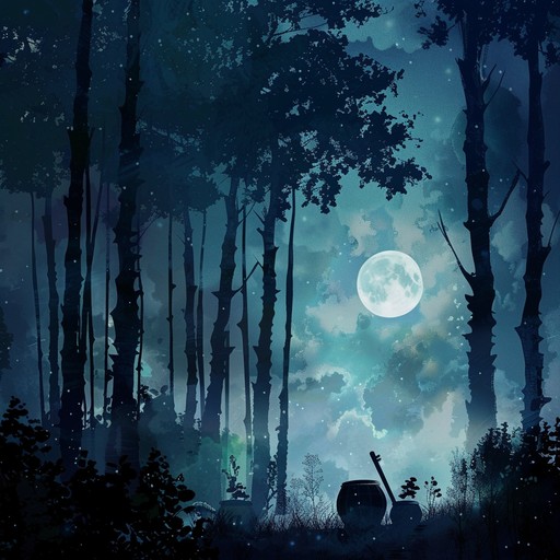 The track features unsettling rhythms and ghostly melodies evoking an ancient tribal ritual under the moonlight, with deep drums and eerie flutes weaving a sense of foreboding and mystical presence. The ambiance is designed to transport the listener into a dense, shadowy forest full of hidden dangers and spiritual power.