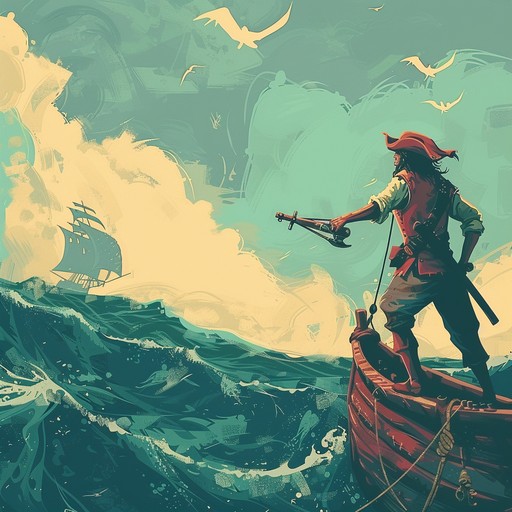 Picture a pirate ship sailing across the vast ocean, its crew engaged in battles, treasure hunts, and narrow escapes from the law. The music ebbs and flows, reflecting the various moods and scenes of the story, from tense confrontations to triumphant victories and moments of camaraderie among the crew.