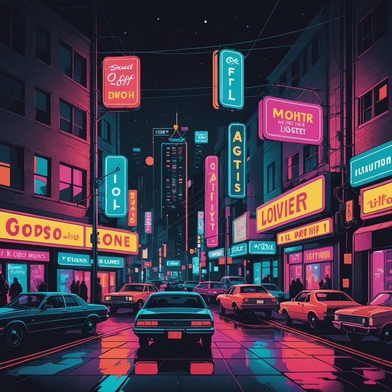 An upbeat electropop track driven by funky guitar and dense electronic beats, perfect for channeling the lively spirit of illuminated urban landscapes at night.