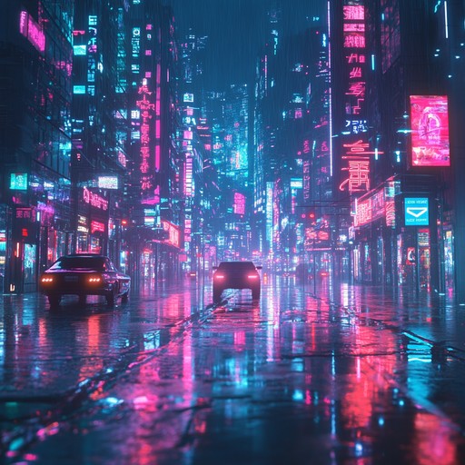 Gentle synth melodies and smooth electronic beats create a soothing soundscape, ideal for unwinding in the neon glow of a futuristic city. An immersive experience embodying the calm amidst cyberpunk chaos.