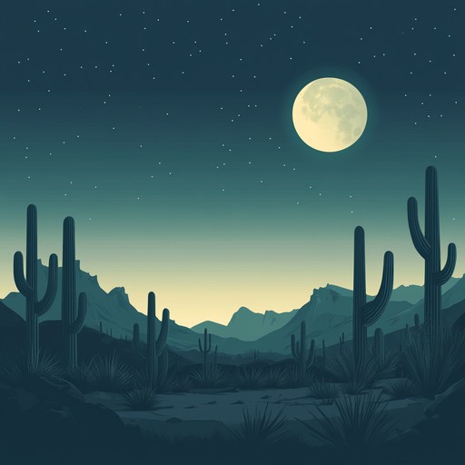 A slowly rising tension building instrumental featuring acoustic guitar, recreating a suspenseful scene in the desolate, silent desert. Creeping melodies and sparse percussion evoke a sense of unease and impending confrontation, capturing the essence of a high stakes standoff under a moonlit sky.