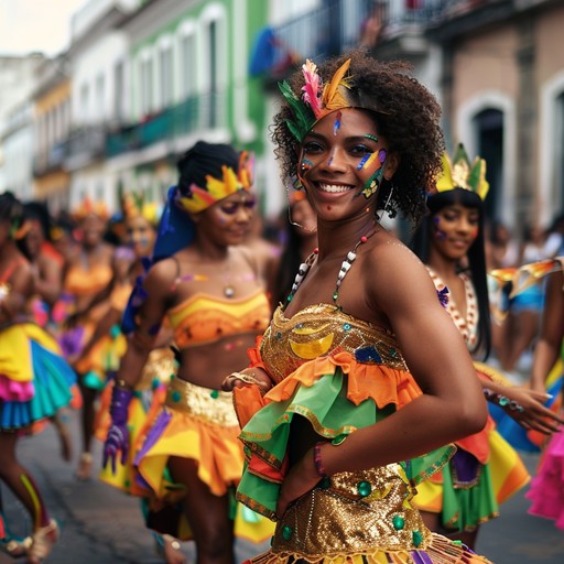 An exuberant samba track filled with vivacious rhythms, syncopated beats, and vibrant melodies that transport the listener right into the heart of a colorful brazilian street parade during carnaval. The track is guaranteed to uplift spirits and incite dancing with its infectious joy and cheerful harmonies.