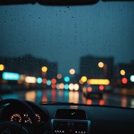 driving alone, reflections dance on wet streets
