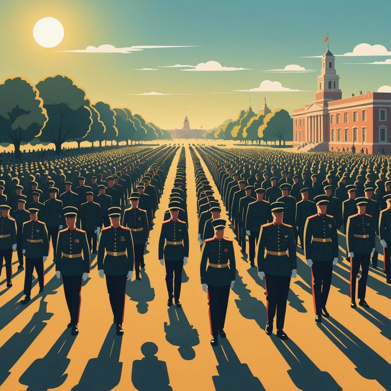 This energetic military march features bright brass melodies that encapsulate feelings of joy, achievement, and camaraderie. The composition mimics the march of soldiers full of pride and high spirits under a bright, sunny sky.