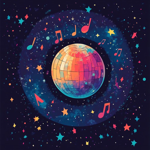 A high energy instrumental track that fuses classic disco funk rhythms with futuristic synthesizer sounds, creating a cosmic journey through groovy basslines, sharp guitar riffs, and vibrant brass sections, evoking the feeling of dancing among the stars