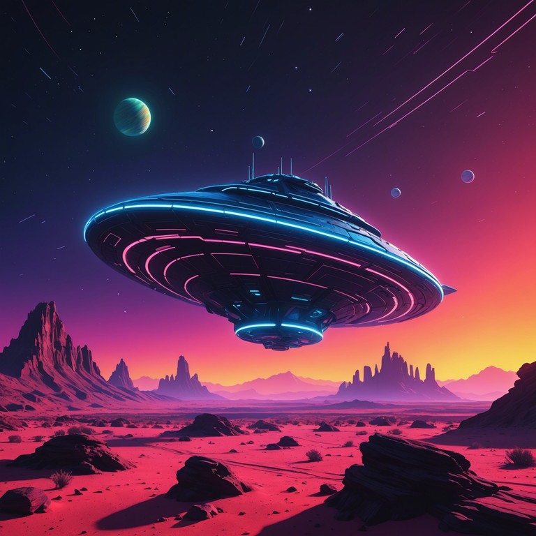 Imagine a vibrant, psychedelic spaceship touching down on a planet dominated by the beats of disco funk. Neon lights, alien landscapes, and a soundtrack that mixes earthly nostalgia with interstellar curiosity. The musical narrative captures the excitement of cosmic exploration and otherworldly dance offs.