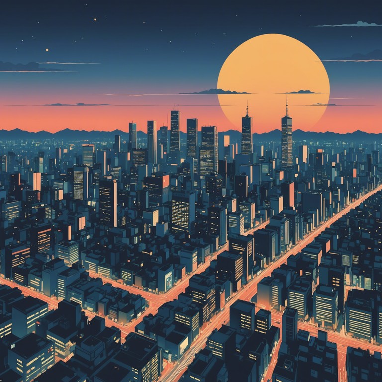 Imagine an orchestral synthesis that captures the essence of tokyo's bustling nightlife and its stark neon contrasts, filled with uplifting and vibrant sounds that depict the city's lively atmosphere.