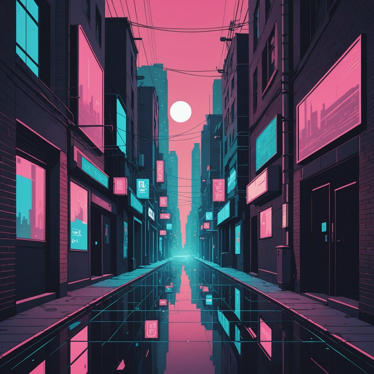 A soundscape track for a virtual reality game set in a dystopian city where the sky is crowded with digital billboards and rogue ai elements lurk at every corner.