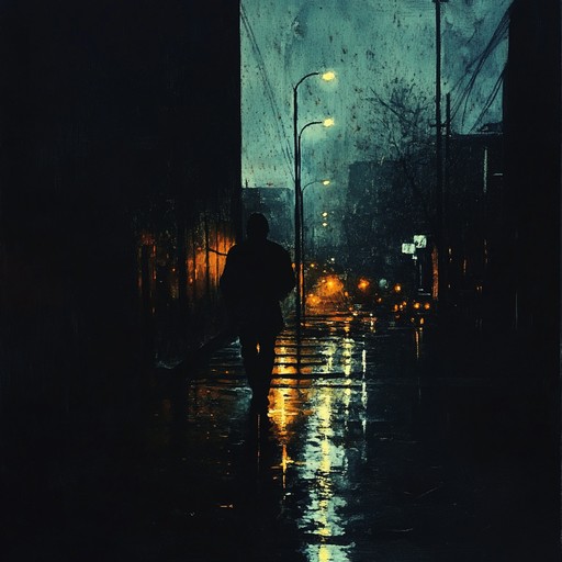 Imagine a lone wanderer navigating empty city streets at midnight, the rain softly falling, creating an atmosphere of isolation. A heavy rhythmic beat echoes through the darkness, enhancing the feeling of aloneness, while electric guitar riffs add layers of melancholy and nostalgia.