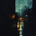 solitary walk through dim urban streets, rain pouring gently