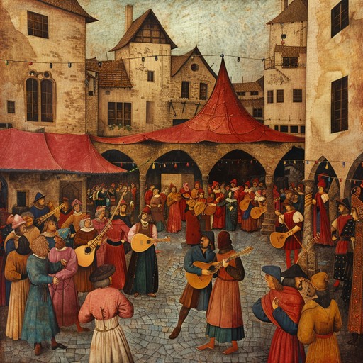 A lively instrumental track featuring a troupe of troubadours jovially strumming their lutes in a sunlit medieval town square. This piece celebrates the vibrant communal spirit and daily life of a past era, expressed through the joyful melodies and rhythmic harmonies of ancient stringed instruments.