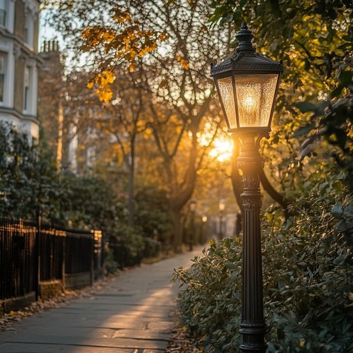 As the sun sets casting a warm golden hue across an old fashioned town square, four barbershop singers gather around an elegant victorian lamp post, their voices rising and intertwining in perfect harmony. The nostalgic melodies reminisce about simpler, joyous times, echoing softly through the crisp evening air.