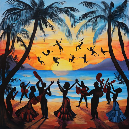 Imagine a beach gathering where the sun sets, casting an orange hue over the ocean. The vibrant reggaeton beats fill the air as people dance in the sand, united in a jubilant festival. A soaring trumpet melody enhances the festive atmosphere, making it a sunset to remember