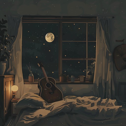 Gentle strumming under a blanket of stars creates a dreamlike and introspective atmosphere, perfect for solitary nights and peaceful reveries