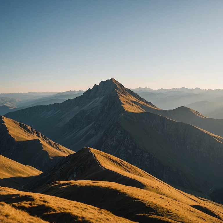 Imagine an orchestral rock piece that captures the awe of watching the sunrise atop a magnificent, secluded mountain. The music transitions from mellow, sweeping strings into an electrifying guitar solo, portraying the journey from darkness to light.