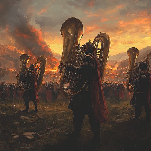 A stirring instrumental with commanding drums and assertive brass, highlighting the courage and unwavering spirit of warriors heading into battle.