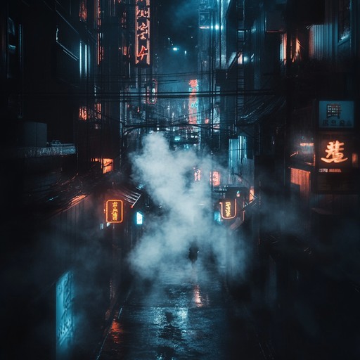 A dark, gritty soundscape filled with distorted synths and machine like rhythms, creating an ominous cyberpunk atmosphere. The relentless synthesizer layers are punctuated by driving percussion and deep bass lines, evoking the sense of a dystopian cityscape at night.